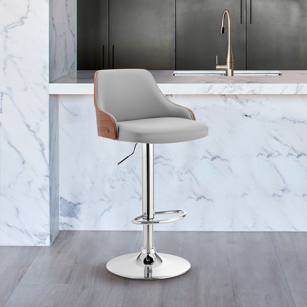 Gray And Silver Faux Leather And Iron Adjustable Height Swivel Bar Chair N270-476877