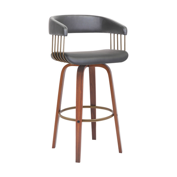 31" Gray And Wood Brown Faux Leather Swivel Bar Height Bar Chair N270-534470