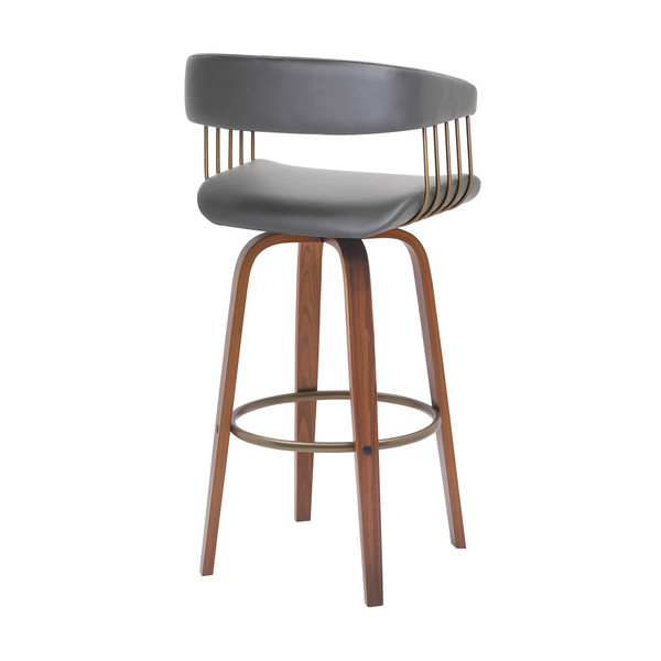 31" Gray And Wood Brown Faux Leather Swivel Bar Height Bar Chair N270-534470