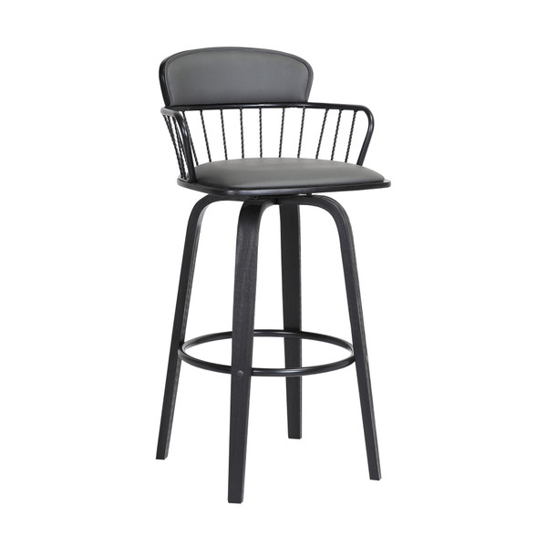 30" Gray And Black Faux Leather Swivel Low Back Bar Height Bar Chair N270-534443