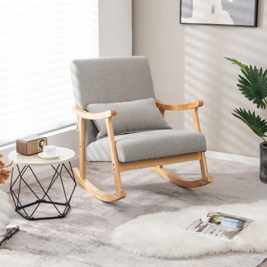 Upholstered Rocking Chair with Pillow and Rubber Wood Frame-Gray B593-JV10712