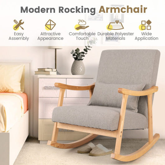 Upholstered Rocking Chair with Pillow and Rubber Wood Frame-Gray B593-JV10712