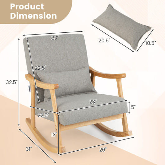 Upholstered Rocking Chair with Pillow and Rubber Wood Frame-Gray B593-JV10712