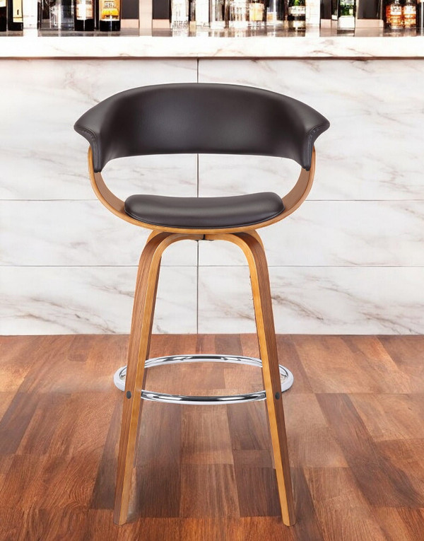 31" Brown Faux Leather And Solid Wood Swivel Low Back Bar Height Bar Chair N270-477172