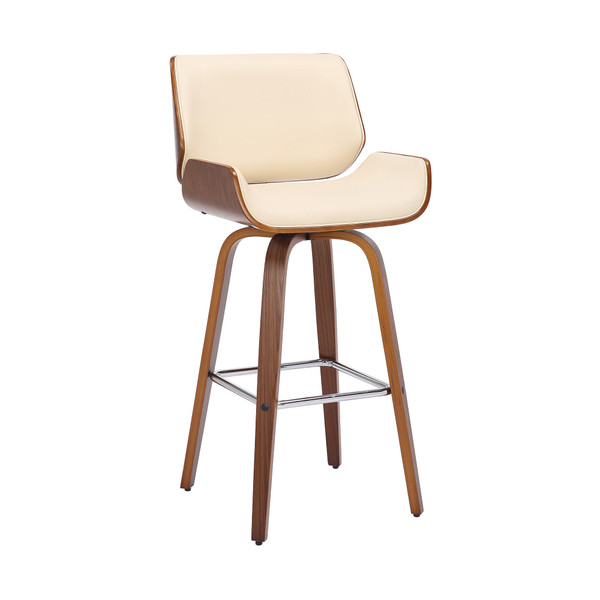 30" Cream And Brown Faux Leather And Solid Wood Swivel Bar Height Bar Chair N270-476864