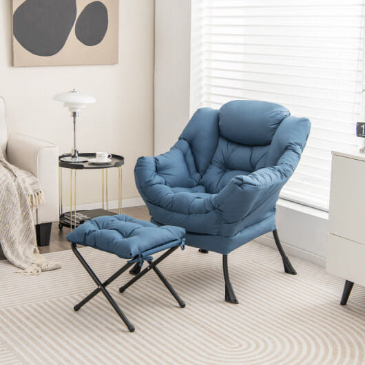 Modern Accent Sofa Chair with Folding Footrest and Side Pocket-Navy - Color: Navy D681-NP10119NY