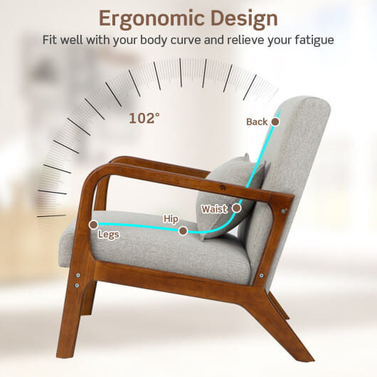 Modern Accent Chair with Rubber Wood Frame and Lumbar Pillow-Gray - Color: Gray D681-JV10730GR