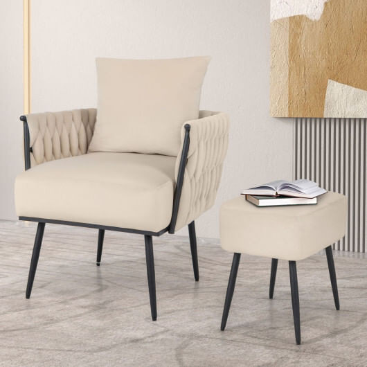Modern Dutch Velvet Accent Chair and Ottoman Set with Weaved Back and Arms-White B593-HV10502