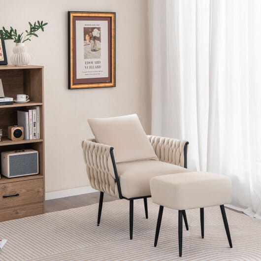Modern Dutch Velvet Accent Chair and Ottoman Set with Weaved Back and Arms-White B593-HV10502
