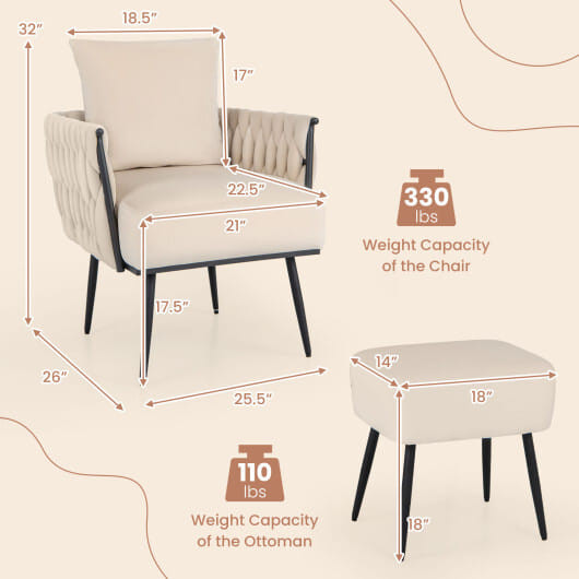 Modern Dutch Velvet Accent Chair and Ottoman Set with Weaved Back and Arms-White B593-HV10502