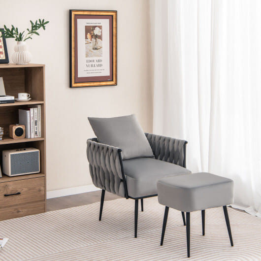 Modern Dutch Velvet Accent Chair and Ottoman Set with Weaved Back and Arms-White B593-HV10502