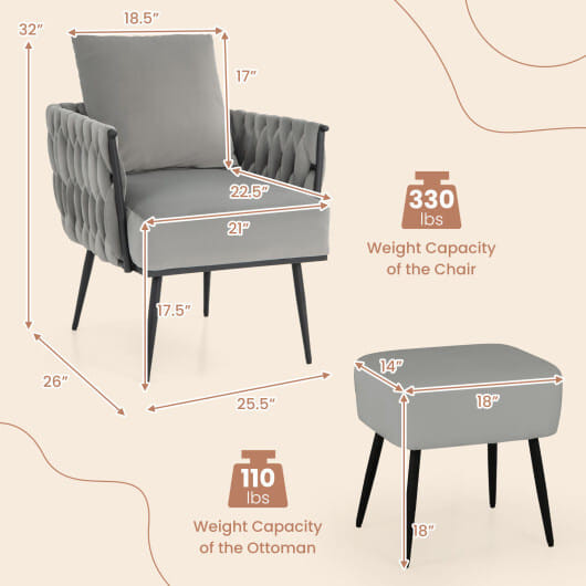 Modern Dutch Velvet Accent Chair and Ottoman Set with Weaved Back and Arms-White B593-HV10502