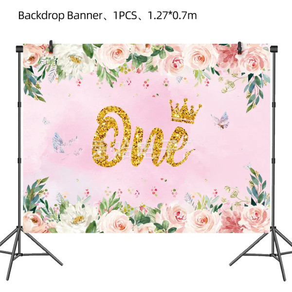 Color: Yellow - Girls One First Happy Birthday Disposable Tableware  Pink Plate Napkins Cup Hat for F640-12000033607376405