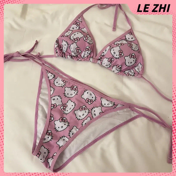 Color: Olive, Size: L - Kawaii Hello Kitty Bikini Cartoon Printing Two-piece Swimsuit Euro-american F640-12000038327927027