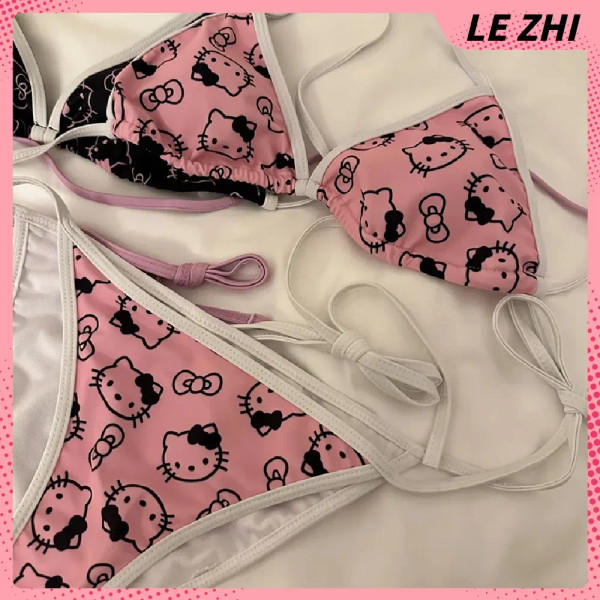 Color: Olive, Size: L - Kawaii Hello Kitty Bikini Cartoon Printing Two-piece Swimsuit Euro-american F640-12000038327927027