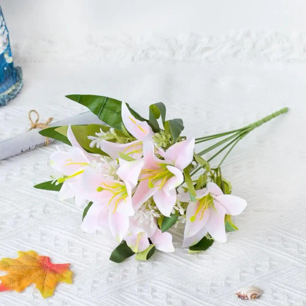 Color: WHITE - 1Pc Artificial Lilies Flower No Withering Non-fading Single Branch Multi-fork Artist F640-12000031871599067