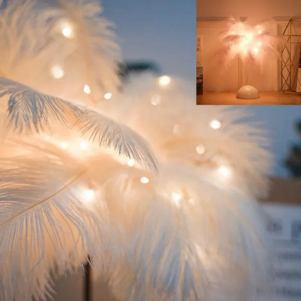 Color: Deep Sapphire - Creative Feather Table Lamp Warm White Light Tree Feather Lampshade Girl LED F640-12000034444238121