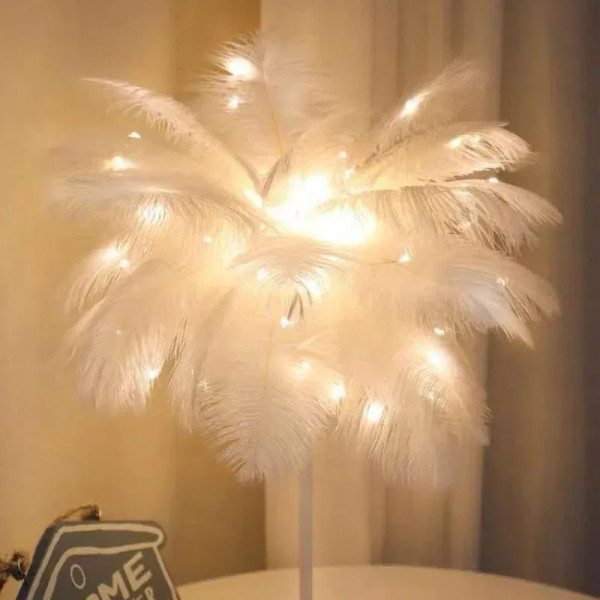 Color: Deep Sapphire - Creative Feather Table Lamp Warm White Light Tree Feather Lampshade Girl LED F640-12000034444238121