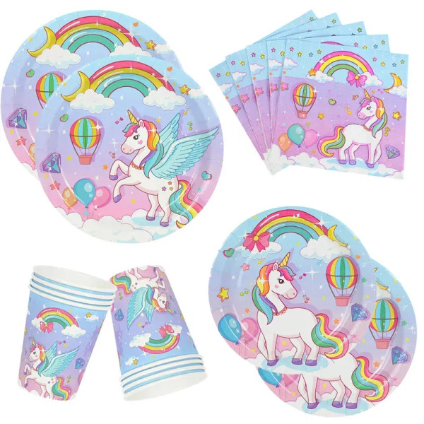 Color: Orange - Unicorn Party Disposable Tableware Plates Cups Napkins Tablecloth Girl Birthday Uni F640-12000039294077053