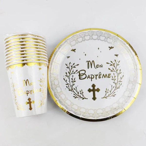 Color: Fluorescence Yellow - 20 Pieces French Mon Baptme 7inch Paper Plate and 250ml Paper Cup F640-12000037651350836