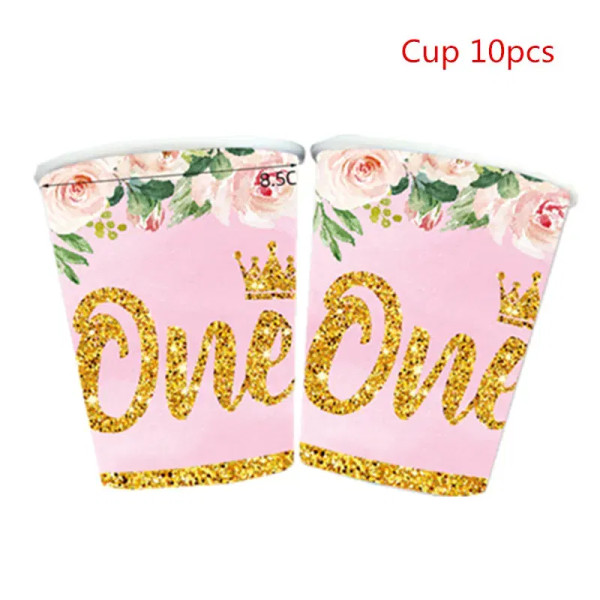 Color: Dark Khaki - Girls One First Happy Birthday Disposable Tableware  Pink Plate Napkins Cup Hat F640-12000033607376386