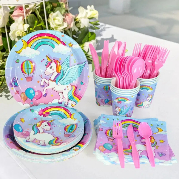 Color: plum - Unicorn Party Disposable Tableware Plates Cups Napkins Tablecloth Girl Birthday Unico F640-12000039294077043