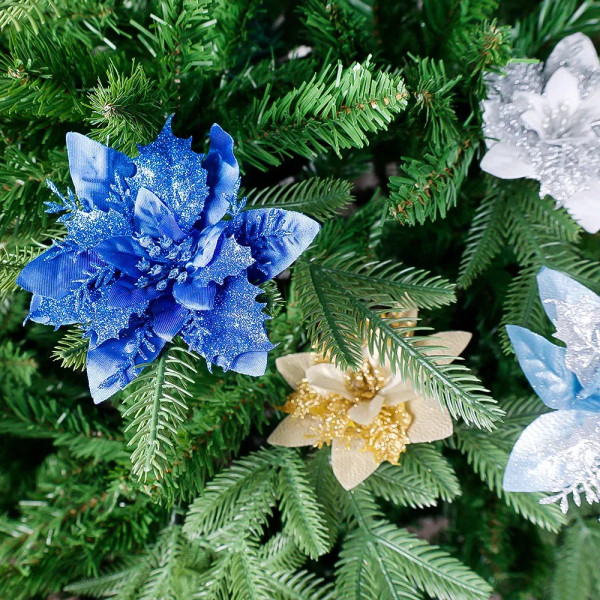 Color: green - Glitter Artificial Christmas Flowers Fabric Fake Flower Xmas Tree Ornaments Festival F640-12000035248570512