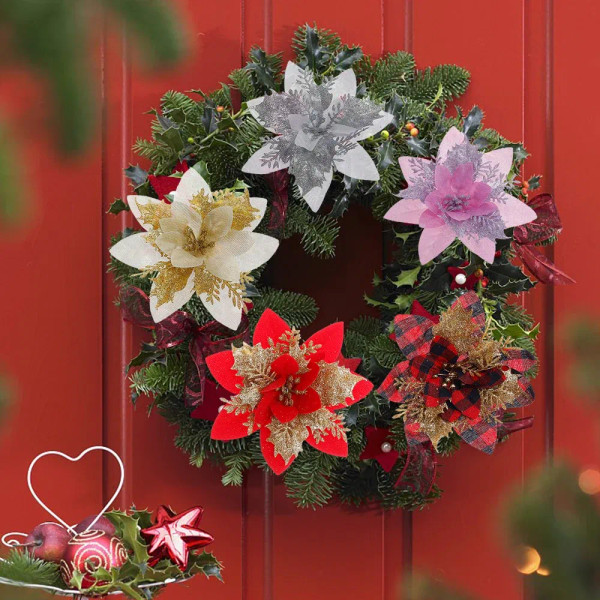 Color: green - Glitter Artificial Christmas Flowers Fabric Fake Flower Xmas Tree Ornaments Festival F640-12000035248570512