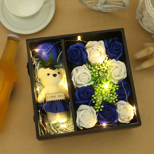 Color: Blue Bear, style: With light - Rose soap flower gift box Q119-CJJJJRHD00608-Blue Bear-With light