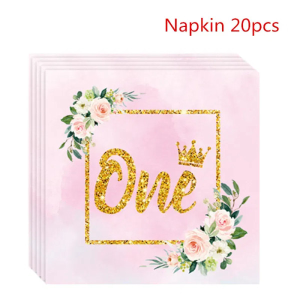 Color: Blue - Girls One First Happy Birthday Disposable Tableware  Pink Plate Napkins Cup Hat for B F640-12000033607376402