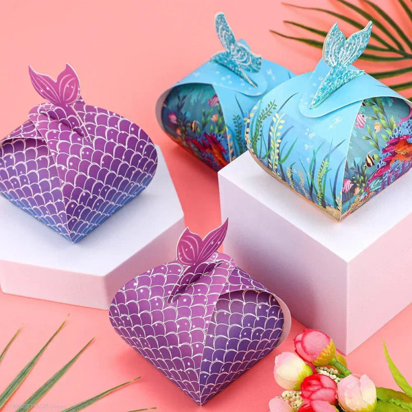 Color: Olive, Gift Box Size: 5x5x5cm - 1pc Mermaid Tail Little Mermaid Birthday Party Treat Bag Und F640-12000034184602957