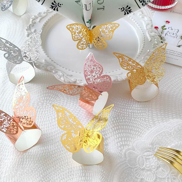 Color: MINT GREEN - 50Pcs Butterfly Paper Rings Napkins Holders Towel Buckle for Wedding Birthday B F640-12000035294044134