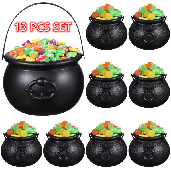 Color: Olive - Black Cauldron Plastic Witch Skull Candy Bucket Jar Trick Or Treat Halloween Party D F640-12000034210317967