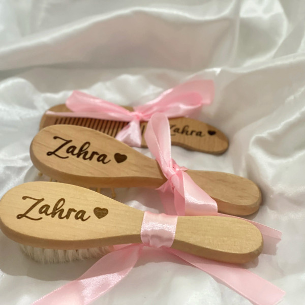 Color: Fluorescence Yellow - Personalized Baby Care Hair Brush Pure Natural Wool Wood Comb,Engraved F640-12000035923364097