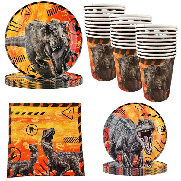 Color: Fluorescence Yellow - Dinosaur Party Decoration Disposable Tableware Paper Plates Cups Napki F640-12000040309105603