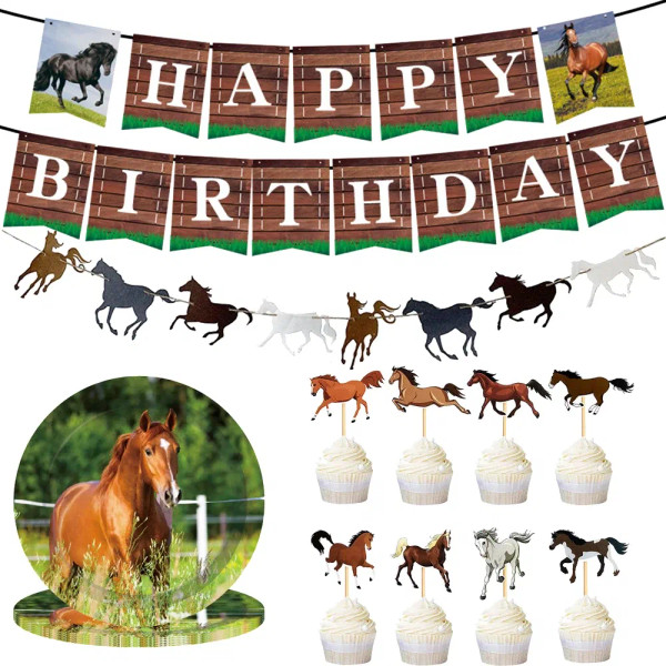 Color: Chocolate - Horse Party Decoration Birthday Banner Felt Garland Disposable Paper Plates Hors F640-12000038988526590