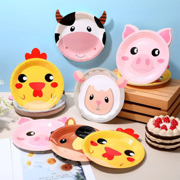 Color: Fluorescence Yellow, Capacity: 220ml - Farm Animals Party Paper Plates Chicken Pig Cow Sheep F640-12000040616887171