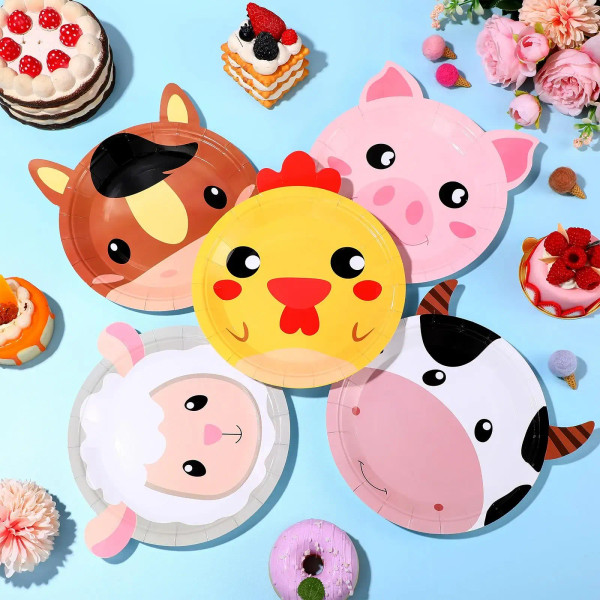 Color: Fluorescence Yellow, Capacity: 220ml - Farm Animals Party Paper Plates Chicken Pig Cow Sheep F640-12000040616887171