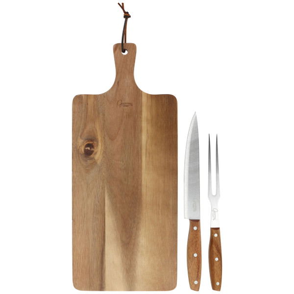 Gibson Elite 3 Piece Acacia Wood Serving Board with Carving Knife and Fork in Brown D970-143828.03