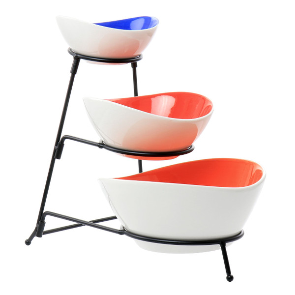 Gibson Home Crenshaw 4 Piece Hand Painted Stoneware 3-Tier Serving Bowl Set with Metal Rack D970-127291.04