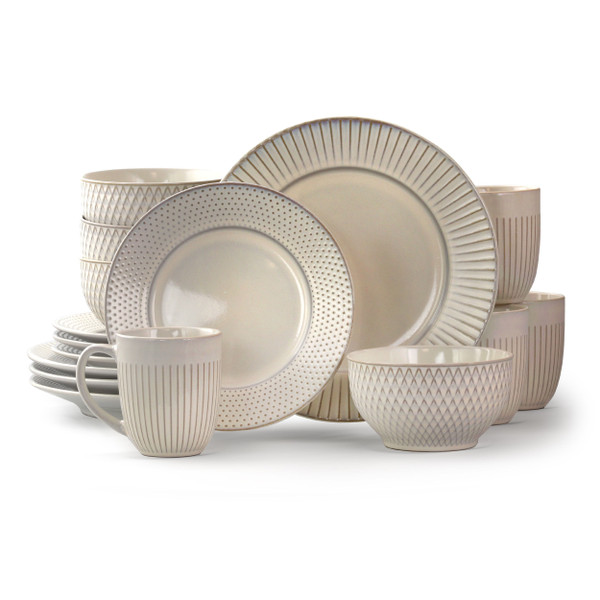 Elama Market Finds 16 Piece Round Stoneware Dinnerware Set in Embossed White D970-EL-MARKETFINDS16