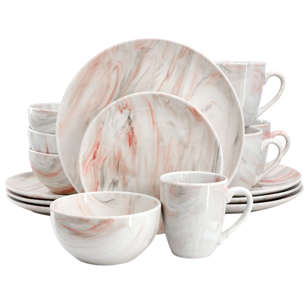 Elama Fine Marble 16 Piece Porcelain Dinnerware Set in Red and Gray D970-EL-FINEMARBLE-RG
