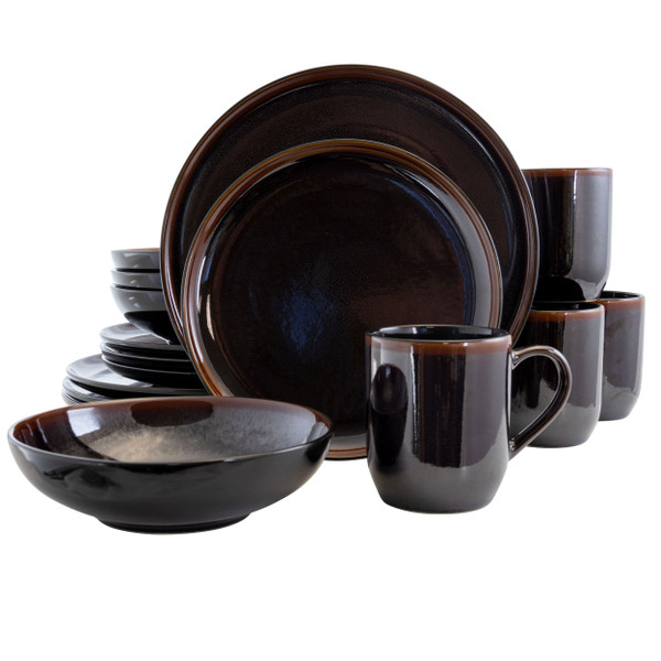 Elama Midnight Beach 16 Piece Dinnerware Set in Metallic Black D970-EL-MIDNIGHTBEACH
