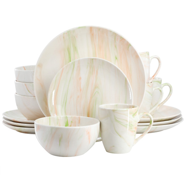 Elama Fine Marble 16 Piece Porcelain Dinnerware Set in Orange and Green D970-EL-FINEMARBLE-OG