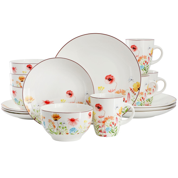 Elama Wildflower Meadow 16 Piece Stoneware Dinnerware Set in White and Multi D970-ELM-WILDFLOWER-MEADOW