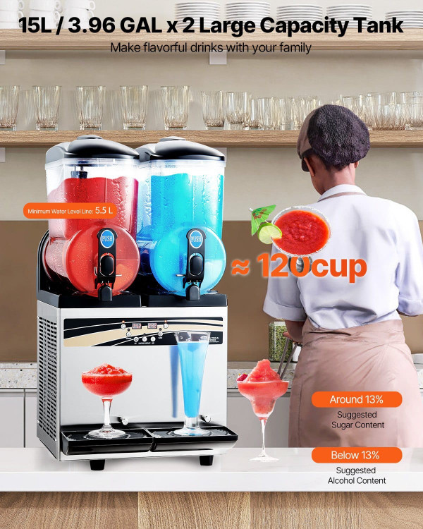 Commercial Frozen Drink Maker, 15Lx2 Double Tank Slushy Machine, 120 Cups Stainless Steel Margarita E415-CGXXRJX215LSN1G19V1
