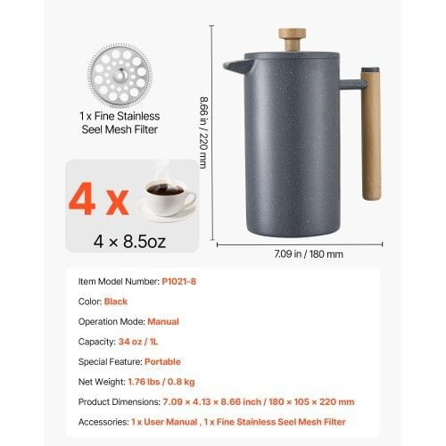 French Press Coffee Maker, 34 Ounce 1 Liter Stainless Steel Coffee Press Tea Maker with Filter, Lar E415-BXGPTKFYHBXGCDHOU001V0