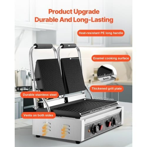 Commercial Panini Grill, 3600W Electric Sandwich Panini Maker, Stainless Steel Double Sandwichs Pre E415-SYYBDBL199YCD1FND002V1