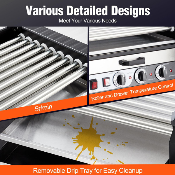 US GARVEE Hot Dog Roller 9 Rollers 24 Hot Dogs Capacity 1650W Stainless Sausage Grill Cooker Machine K484-PHO_0ZU81IB5_US