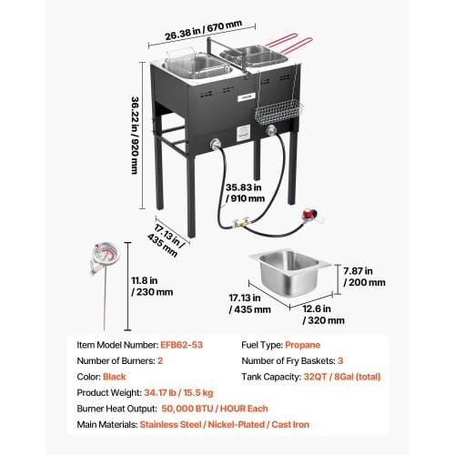 Outdoor Propane Deep Fryer, Dual-Tank 16QTx2 Large Capacity Commercial Fryer, Stainless Steel Fish  E415-LSRQZG6LGXSGJ9I9H001V0